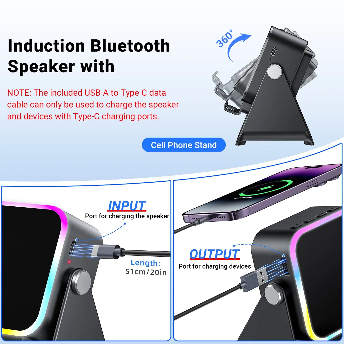 Experience Wireless Freedom with the 5-in-1 Induction Audio Speaker Stand – 3500mAh Power Bank & Adjustable Holder with Colorful Ambient Lights, Perfect Gift for Any Occasion!
