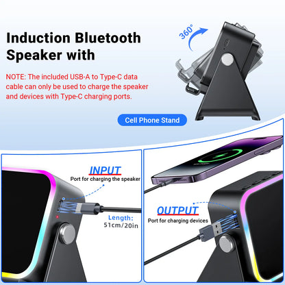 Experience Wireless Freedom with the 5-in-1 Induction Audio Speaker Stand – 3500mAh Power Bank & Adjustable Holder with Colorful Ambient Lights, Perfect Gift for Any Occasion!