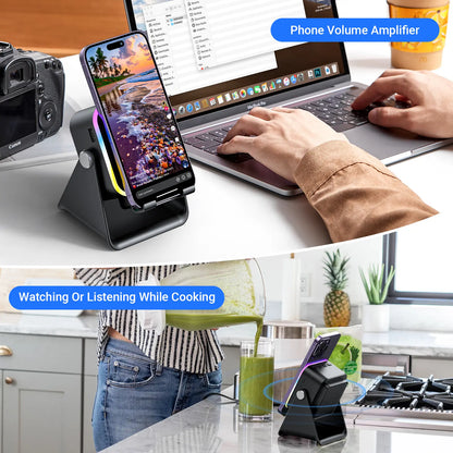 Experience Wireless Freedom with the 5-in-1 Induction Audio Speaker Stand – 3500mAh Power Bank & Adjustable Holder with Colorful Ambient Lights, Perfect Gift for Any Occasion!