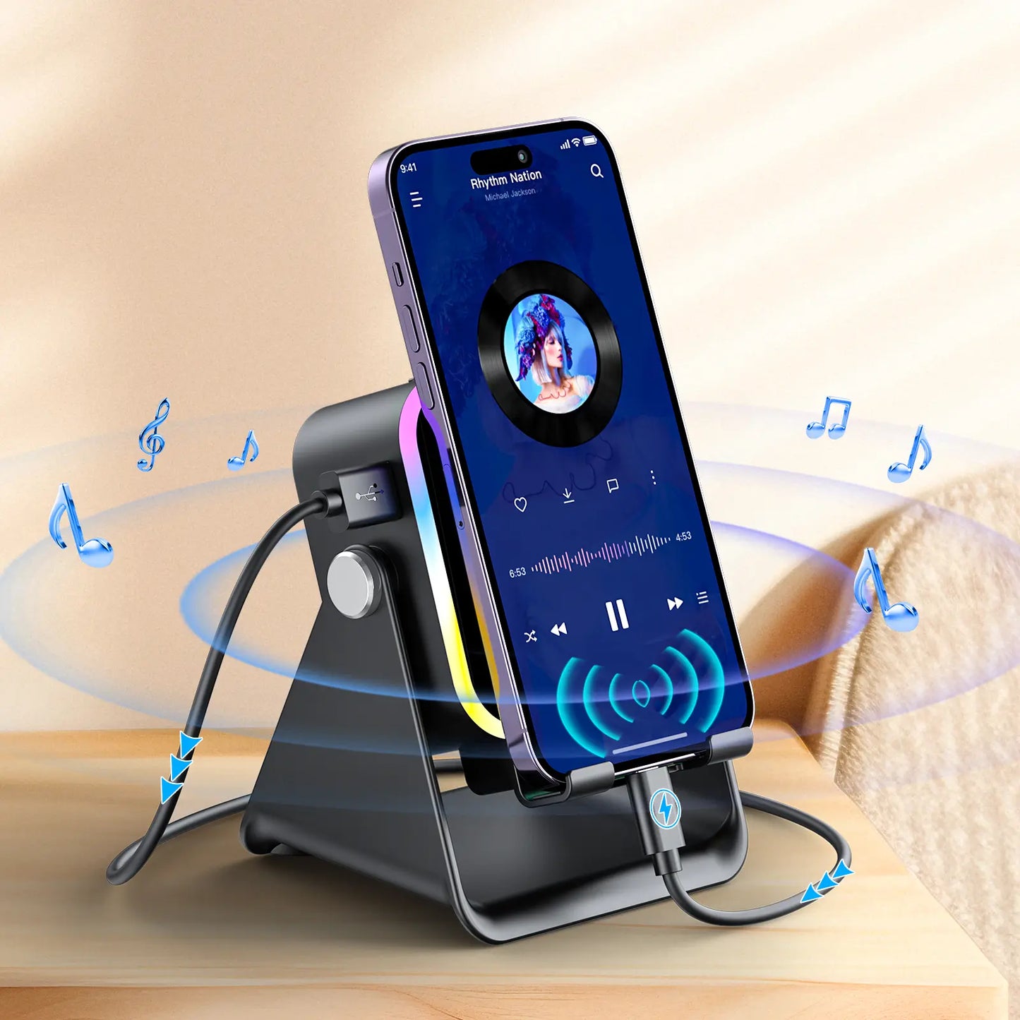 Experience Wireless Freedom with the 5-in-1 Induction Audio Speaker Stand – 3500mAh Power Bank & Adjustable Holder with Colorful Ambient Lights, Perfect Gift for Any Occasion!