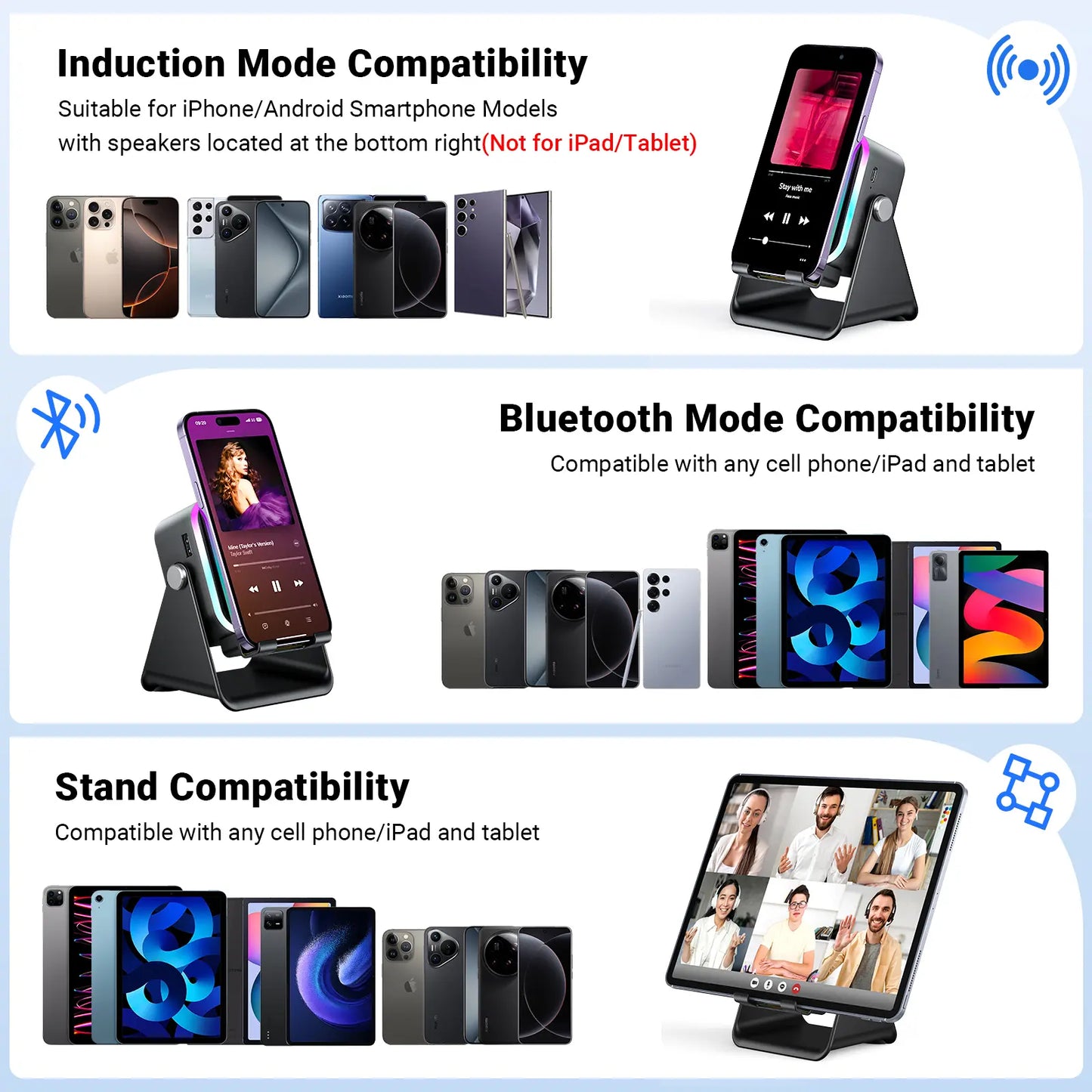Experience Wireless Freedom with the 5-in-1 Induction Audio Speaker Stand – 3500mAh Power Bank & Adjustable Holder with Colorful Ambient Lights, Perfect Gift for Any Occasion!