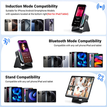 Experience Wireless Freedom with the 5-in-1 Induction Audio Speaker Stand – 3500mAh Power Bank & Adjustable Holder with Colorful Ambient Lights, Perfect Gift for Any Occasion!
