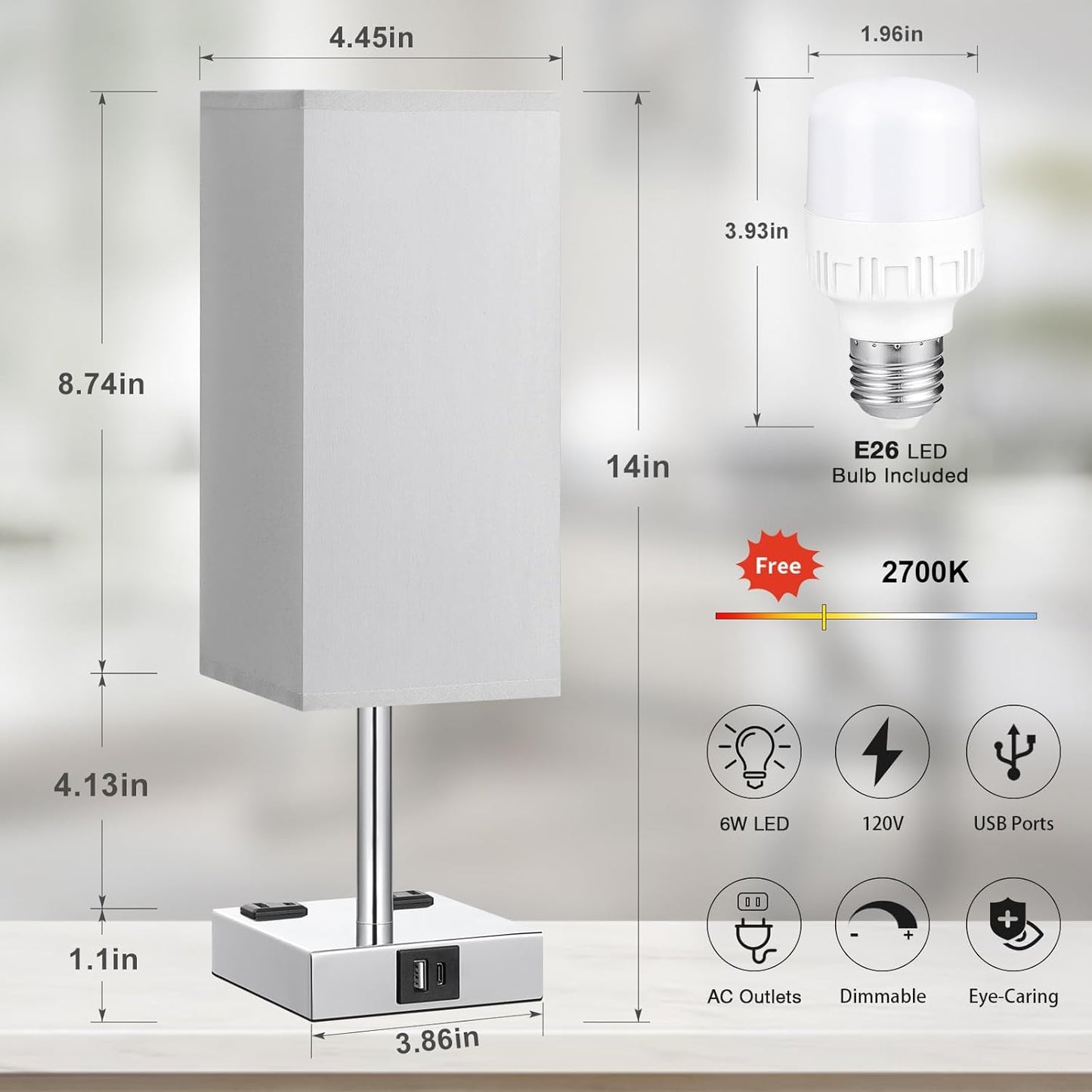 Upgrade Your Space with the Stylish 3-Way Dimmable Touch Control Bedside Table Lamp - Featuring USB C+A Charging Ports & Dual AC Outlets for Ultimate Convenience!