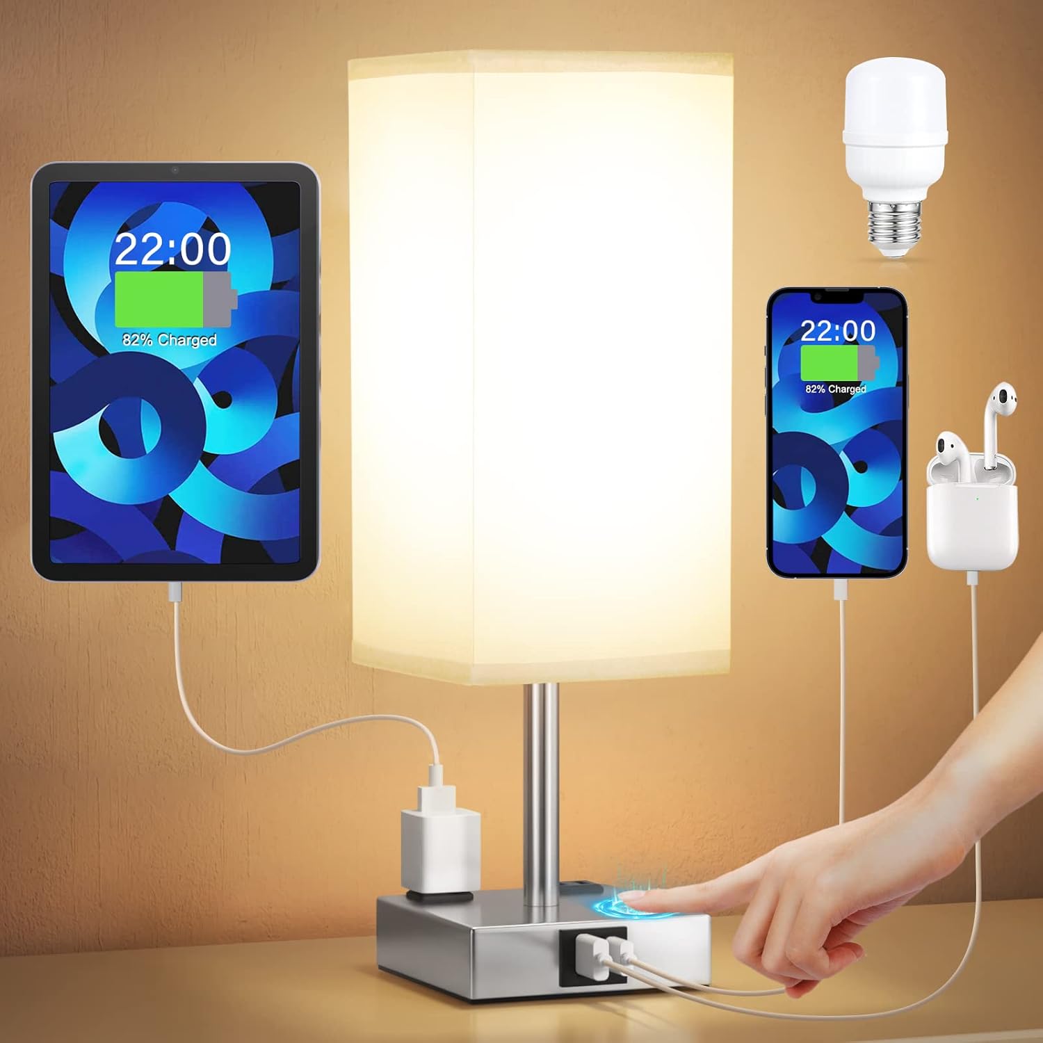 Upgrade Your Space with the Stylish 3-Way Dimmable Touch Control Bedside Table Lamp - Featuring USB C+A Charging Ports & Dual AC Outlets for Ultimate Convenience!