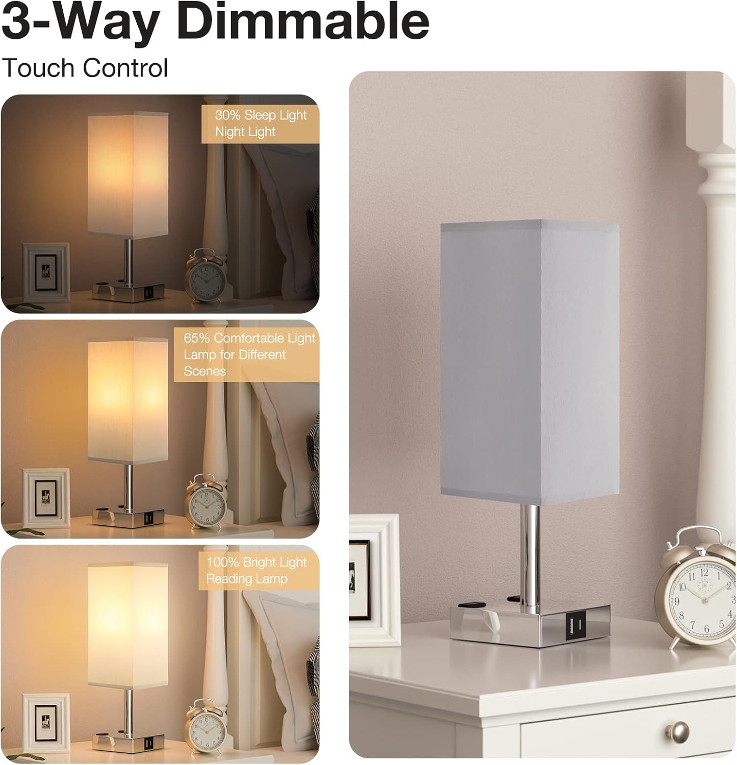 Upgrade Your Space with the Stylish 3-Way Dimmable Touch Control Bedside Table Lamp - Featuring USB C+A Charging Ports & Dual AC Outlets for Ultimate Convenience!
