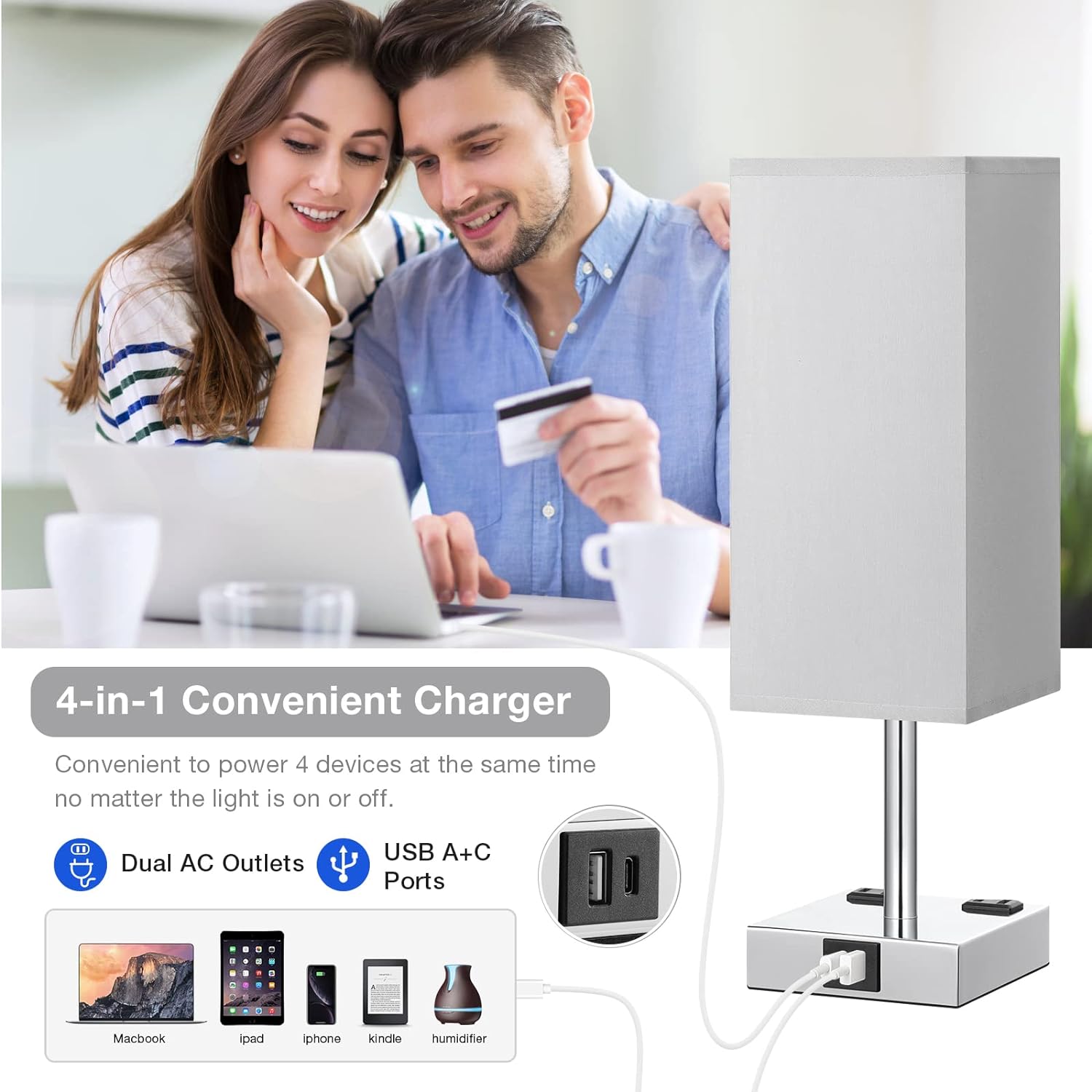 Upgrade Your Space with the Stylish 3-Way Dimmable Touch Control Bedside Table Lamp - Featuring USB C+A Charging Ports & Dual AC Outlets for Ultimate Convenience!