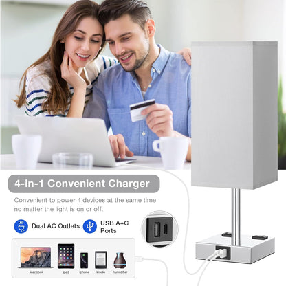 Upgrade Your Space with the Stylish 3-Way Dimmable Touch Control Bedside Table Lamp - Featuring USB C+A Charging Ports & Dual AC Outlets for Ultimate Convenience!