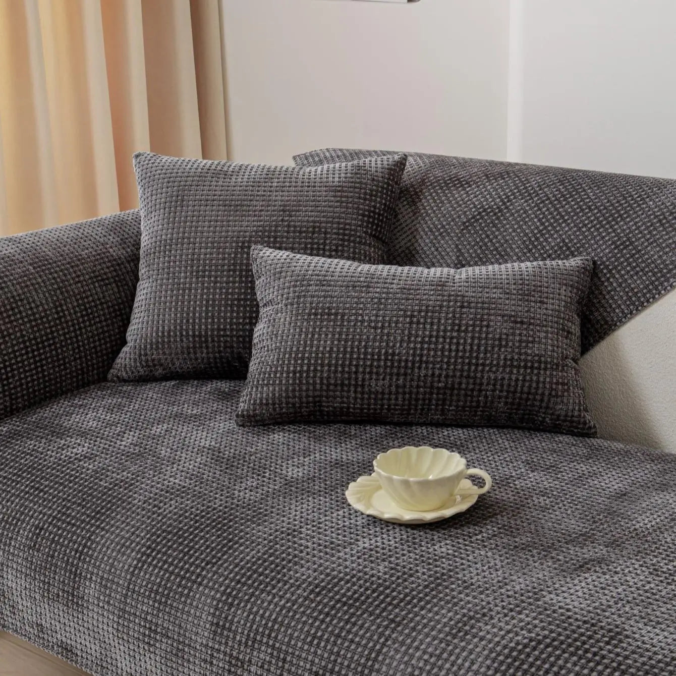 Solid Color Non-Slip Waffle Chenille Sofa Cover, 1 Count, Household Textile for Living Room, Bedroom, and Office - Ideal Valentine's Day Gift