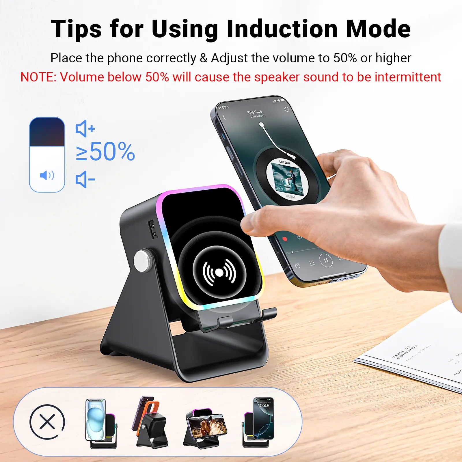 Experience Wireless Freedom with the 5-in-1 Induction Audio Speaker Stand – 3500mAh Power Bank & Adjustable Holder with Colorful Ambient Lights, Perfect Gift for Any Occasion!