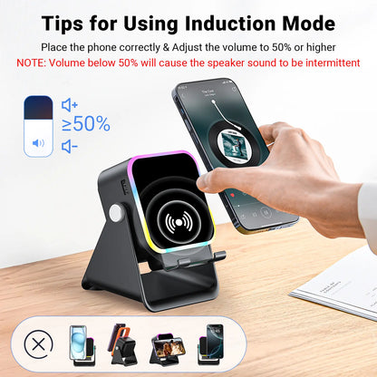 Experience Wireless Freedom with the 5-in-1 Induction Audio Speaker Stand – 3500mAh Power Bank & Adjustable Holder with Colorful Ambient Lights, Perfect Gift for Any Occasion!