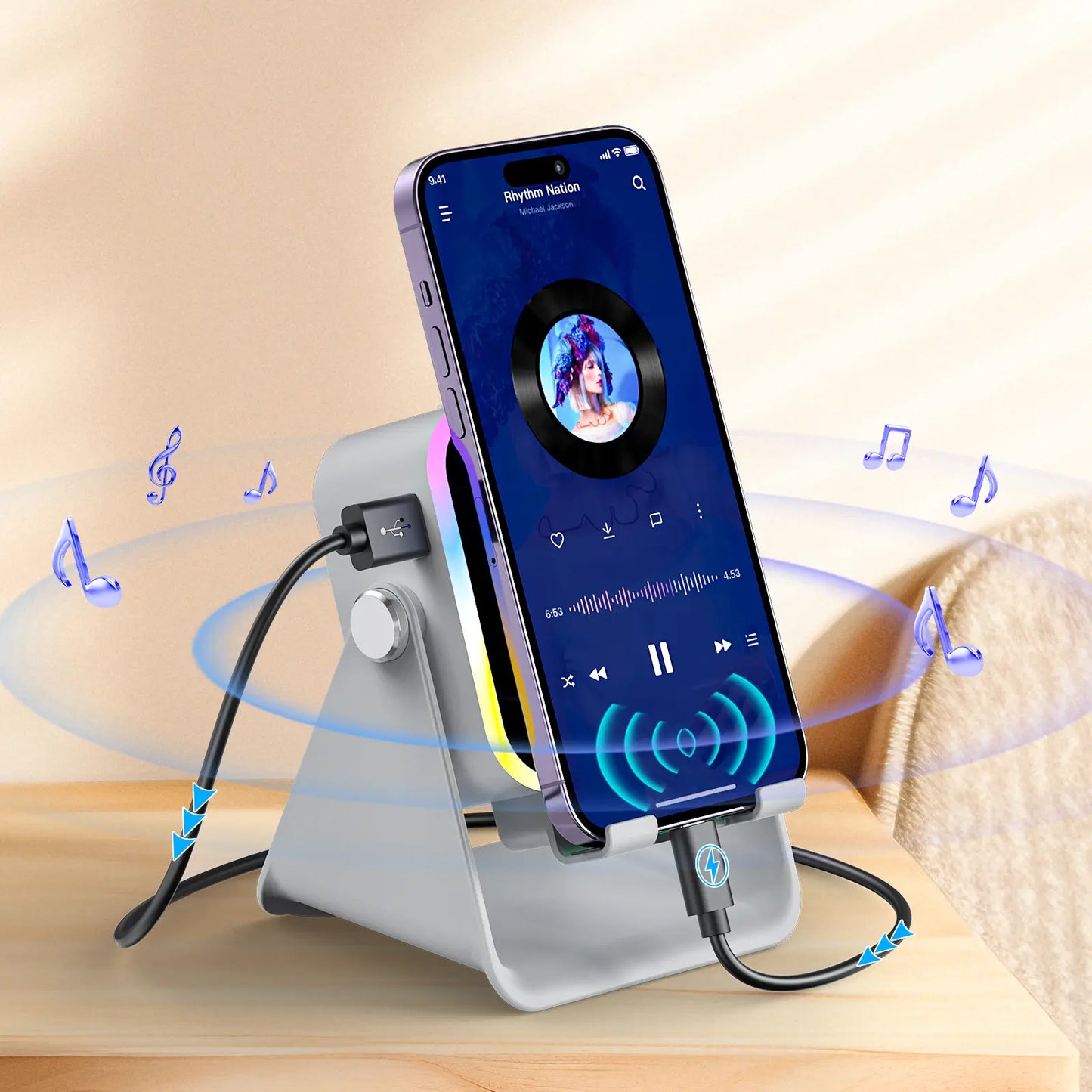 Experience Wireless Freedom with the 5-in-1 Induction Audio Speaker Stand – 3500mAh Power Bank & Adjustable Holder with Colorful Ambient Lights, Perfect Gift for Any Occasion!