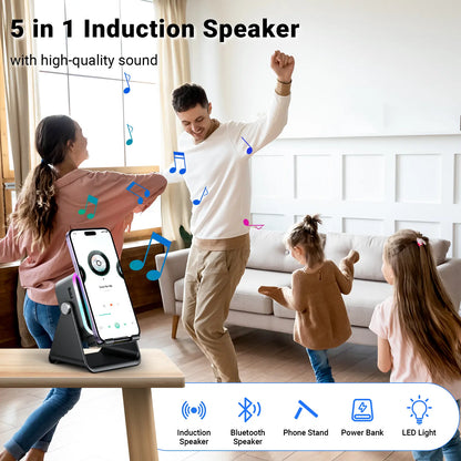 Experience Wireless Freedom with the 5-in-1 Induction Audio Speaker Stand – 3500mAh Power Bank & Adjustable Holder with Colorful Ambient Lights, Perfect Gift for Any Occasion!