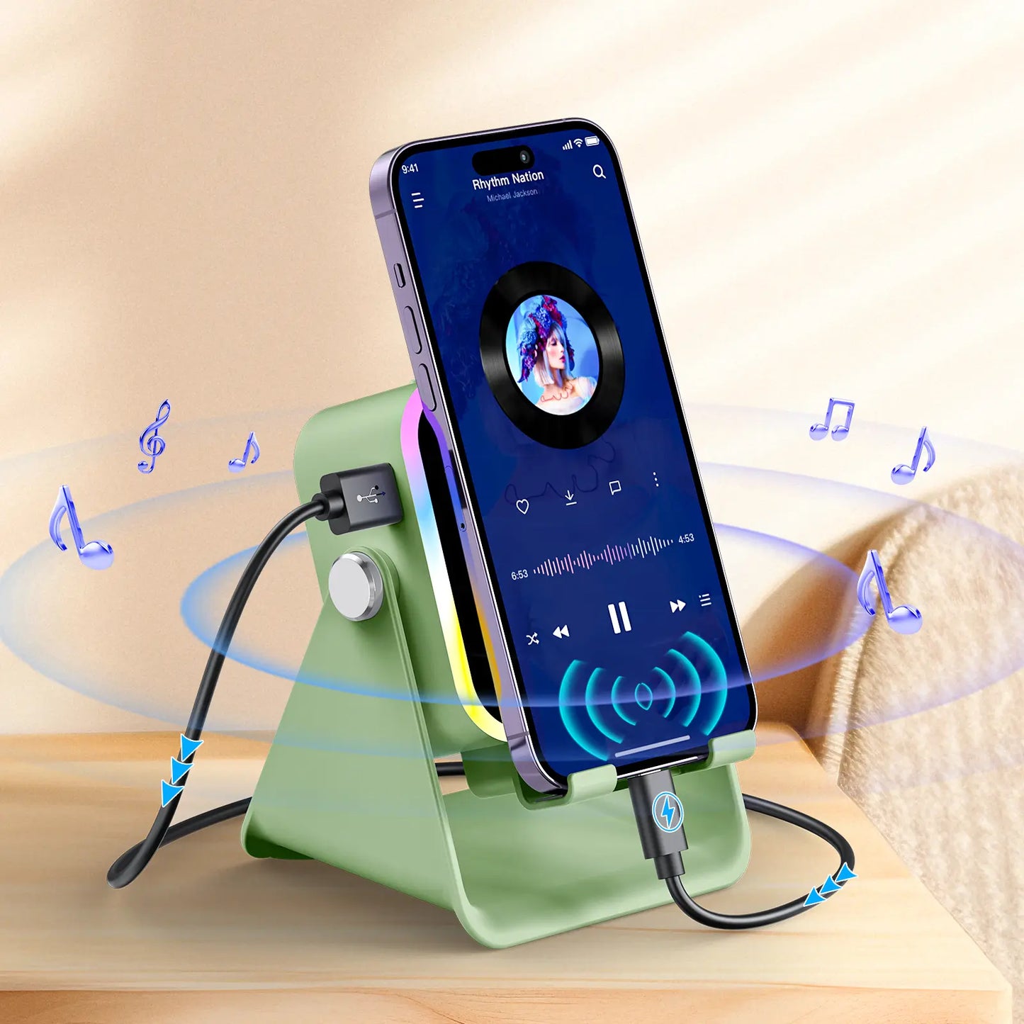 Experience Wireless Freedom with the 5-in-1 Induction Audio Speaker Stand – 3500mAh Power Bank & Adjustable Holder with Colorful Ambient Lights, Perfect Gift for Any Occasion!