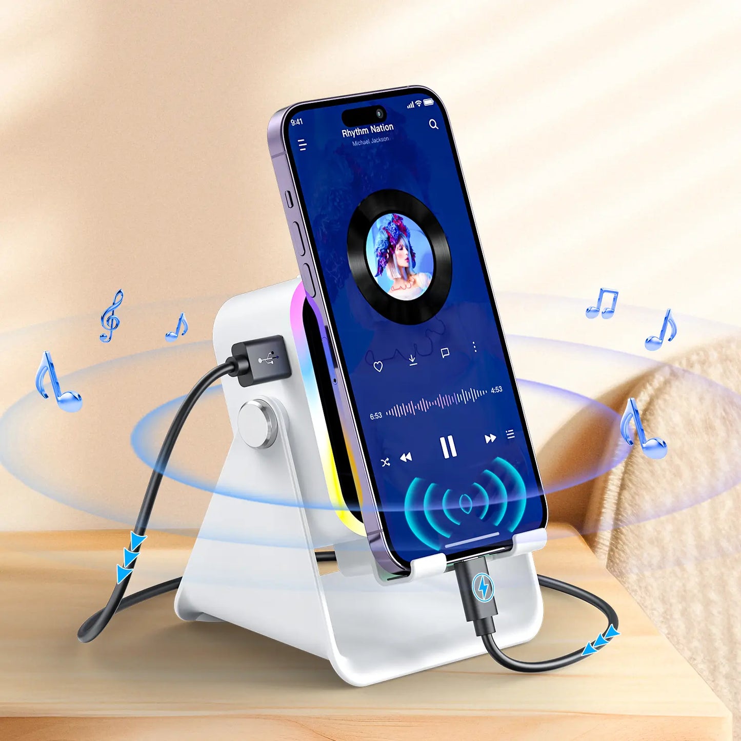Experience Wireless Freedom with the 5-in-1 Induction Audio Speaker Stand – 3500mAh Power Bank & Adjustable Holder with Colorful Ambient Lights, Perfect Gift for Any Occasion!